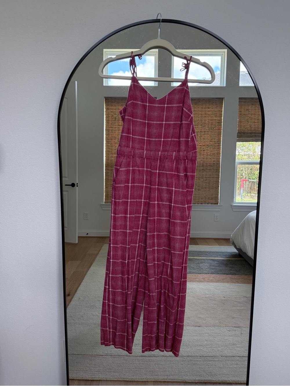 Madewell Pink Plaid Tie-Shoulder Wide-Leg Jumpsuit